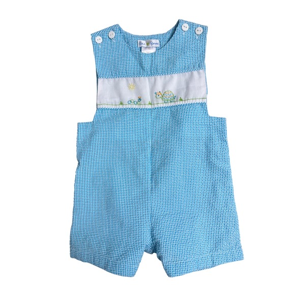Petit Pomme Other - Petit Pomme Blue Gingham Seersucker Embroidered Turtle Jon Jon Romper 12M